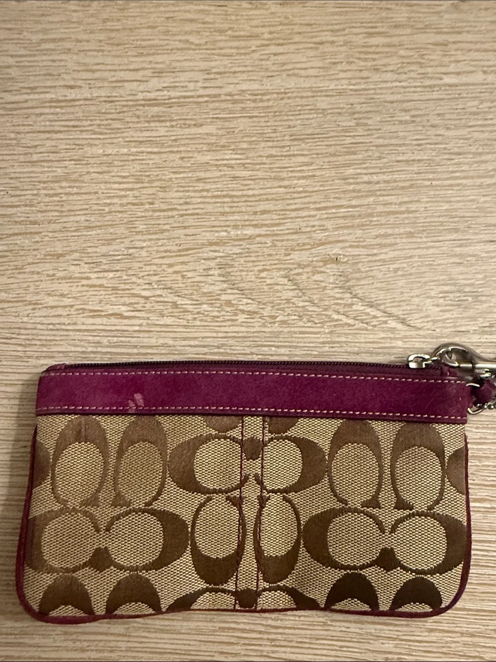 Coach Brown Signature Canvas Wristlet with Plum Trim